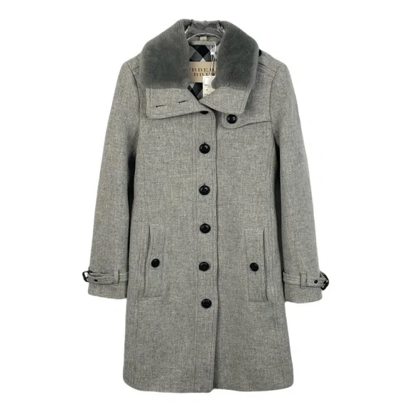 Authentic Burberry Wool Coat with Fur Collar Gray Size 4 - Picture 6 of 8